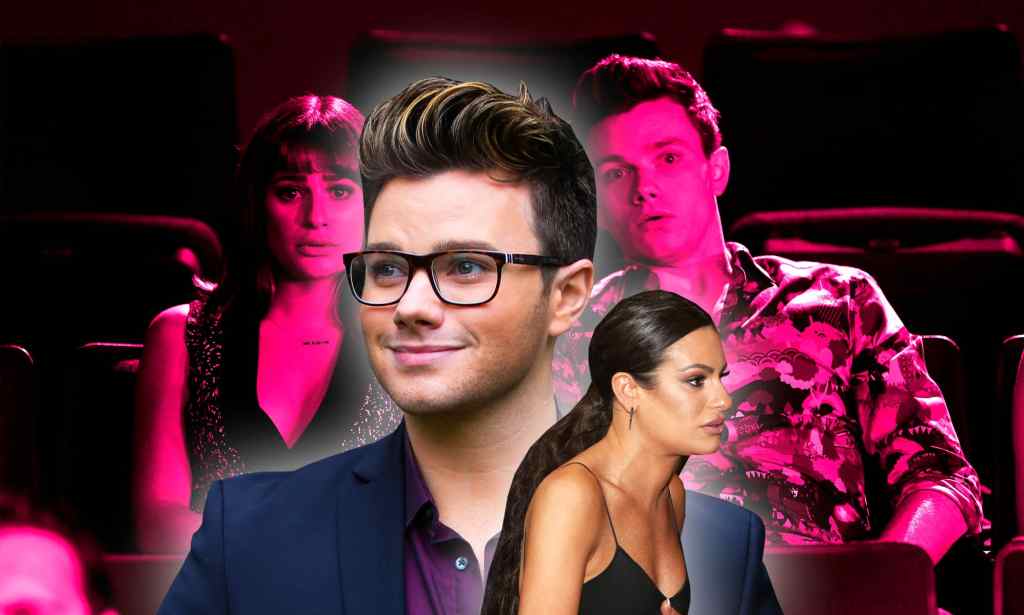 Collage of Chris Colfer and Lea MIchele in their Glee roles and today