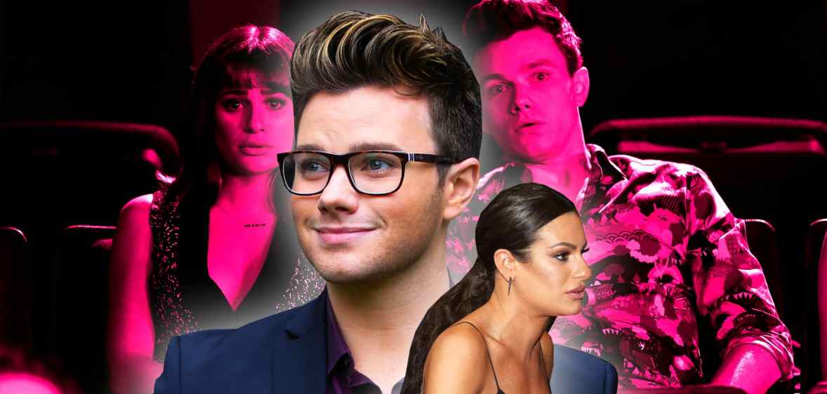 Collage of Chris Colfer and Lea MIchele in their Glee roles and today