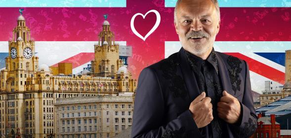 Graham Norton standing in front of a backdrop of Liverpool ahead of the Eurovision Song Contest 2023