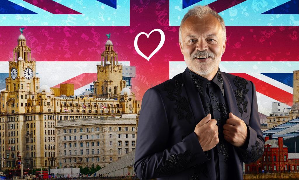 Graham Norton standing in front of a backdrop of Liverpool ahead of the Eurovision Song Contest 2023