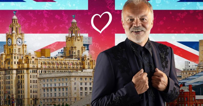 Graham Norton standing in front of a backdrop of Liverpool ahead of the Eurovision Song Contest 2023