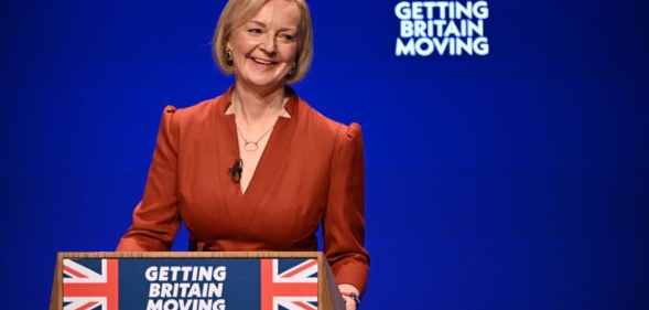 A photo of prime minister Liz Truss delivering her keynote address on the final day of the annual Conservative Party Conference in Birmingham.