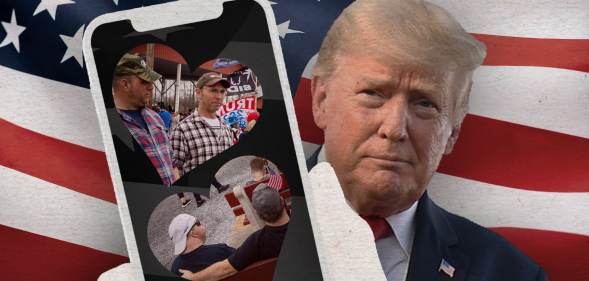 Donald Trump next to a phone featuring two pictures of conservative men.