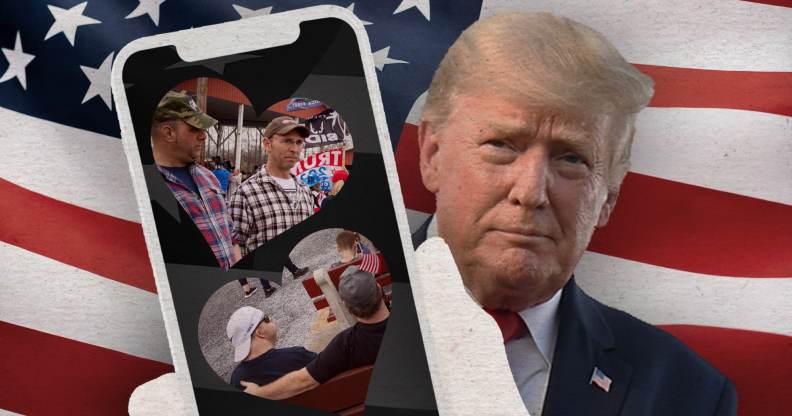 Donald Trump next to a phone featuring two pictures of conservative men.