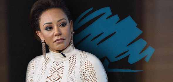 Mel B in front of the Tory logo