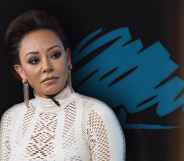 Mel B in front of the Tory logo
