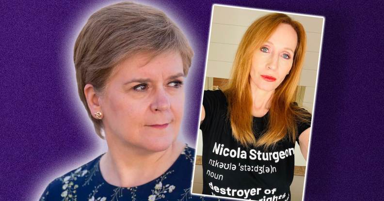 A photo of Nicola Sturgeon on a purple background alongside a photo of JK Rowling wearing a t-shirt that reads: "Nicola Sturgeon: destroyer of women's rights"