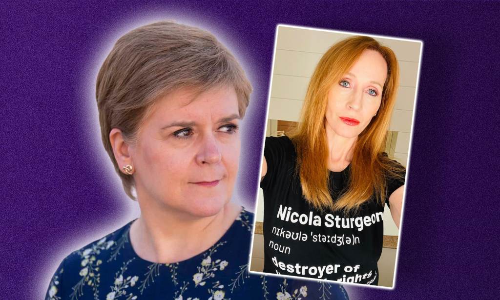 A photo of Nicola Sturgeon on a purple background alongside a photo of JK Rowling wearing a t-shirt that reads: "Nicola Sturgeon: destroyer of women's rights"
