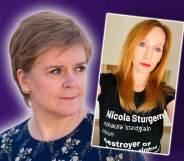 A photo of Nicola Sturgeon on a purple background alongside a photo of JK Rowling wearing a t-shirt that reads: "Nicola Sturgeon: destroyer of women's rights"