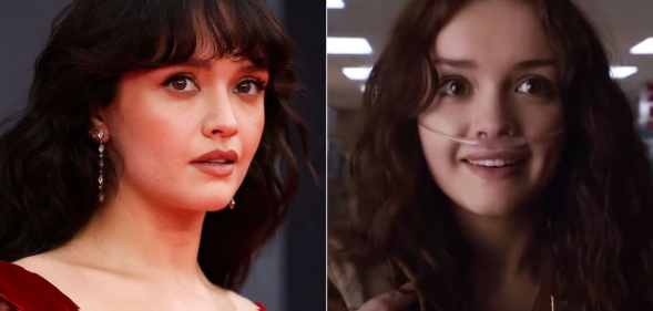 A split/screen image of actor Olivia Cooke, with the right image showing her character Emma Decody in Bates Motel. (Getty/A&E)