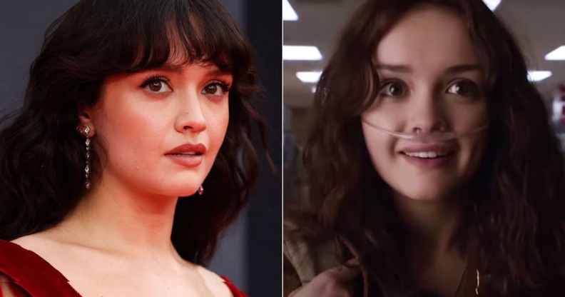 A split/screen image of actor Olivia Cooke, with the right image showing her character Emma Decody in Bates Motel. (Getty/A&E)