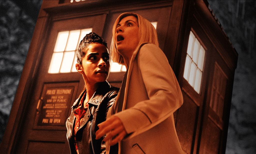 Mandip Gill as Yasmin Khan (L) and Jodie Whittaker and the Thirteenth Doctor (R) in Doctor Who. (