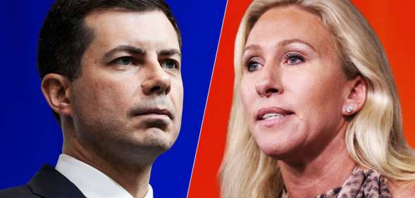 Side by side images of Pete Buttigieg and Marjorie Taylor Greene