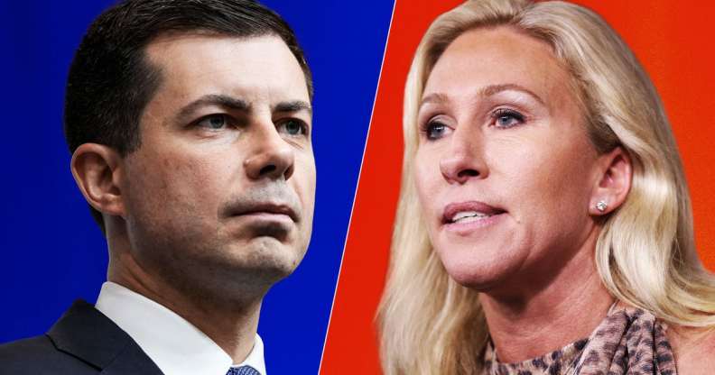 Side by side images of Pete Buttigieg and Marjorie Taylor Greene