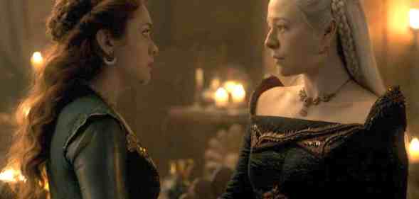 A screenshot of actors Emily Carey and Milly Alcock as characters Rhaenyra and Alicent in HBO's House of the Dragon series