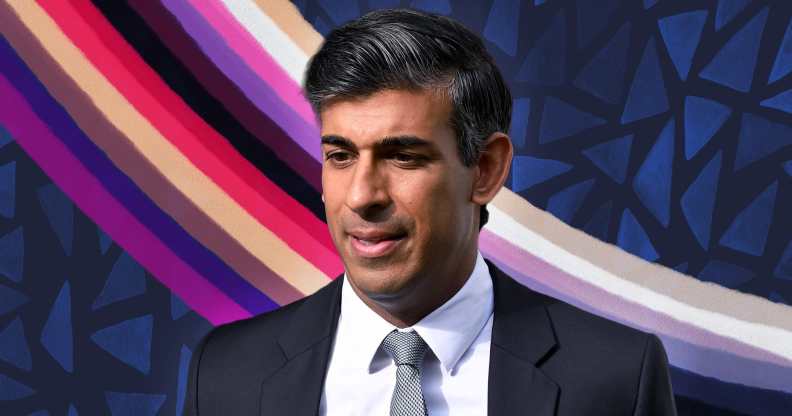 Rishi Sunak pictured against a colourful background.