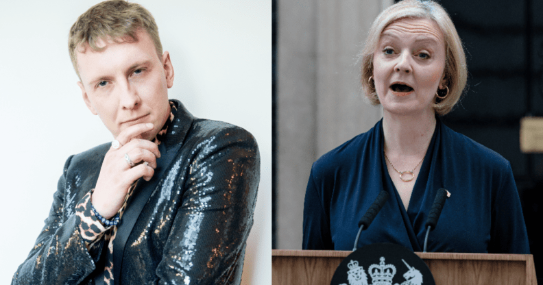 A split-screen image of comedian Joe Lycett and former prime minister Liz Truss