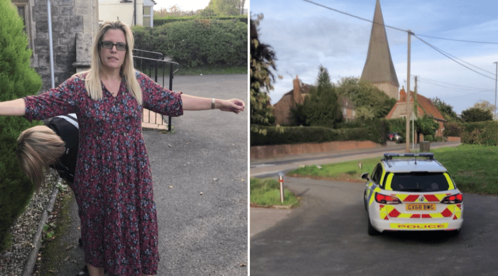 Side by side photos of Caroline Farrow with her arms in the air, and a police car
