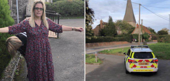 Side by side photos of Caroline Farrow with her arms in the air, and a police car