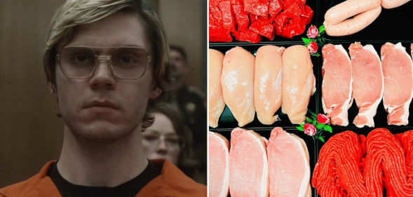 Side-by-side photos of actor Evan Peters as Jeffrey Dahmer and the butcher shop's social media meat image