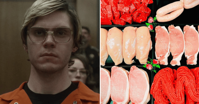 Side-by-side photos of actor Evan Peters as Jeffrey Dahmer and the butcher shop's social media meat image