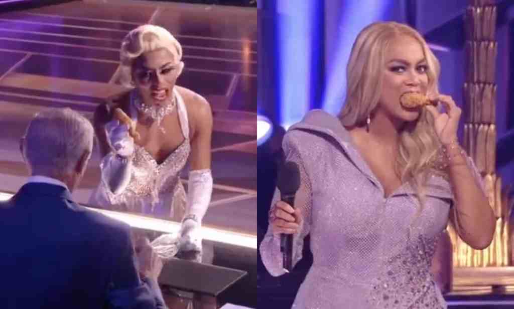 Two split-screenshots show Shangela handing Len Goodman chicken and Tyra Banks eating the chicken during an episode of Dancing With the Stars. (Dancing with the Stars/ABC)