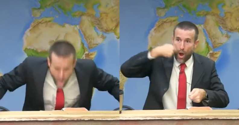 Hate preacher Steven Anderson mimes eating a bowl of vomit