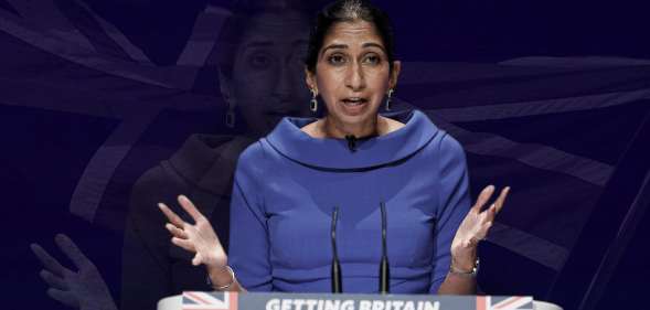 Suella Braverman speaking at a Tory lectern