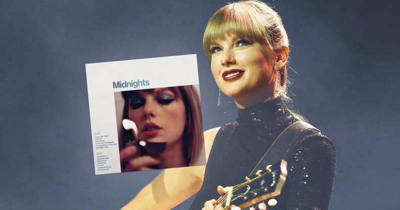 Taylor playing guitar, with her Midnights album cover