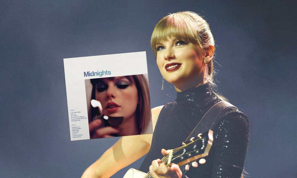 Taylor playing guitar, with her Midnights album cover
