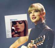 Taylor playing guitar, with her Midnights album cover