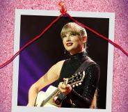 Taylor Swift performing live on an edited background.