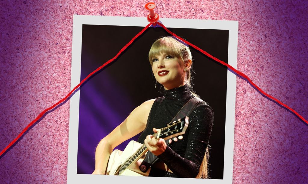 Taylor Swift performing live on an edited background.