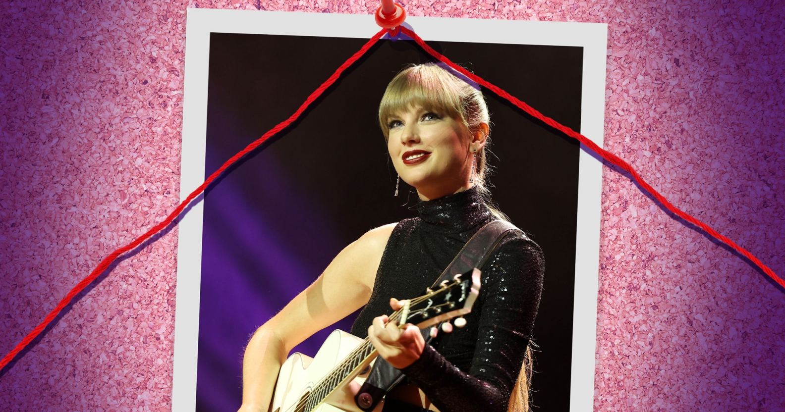 Taylor Swift performing live on an edited background.