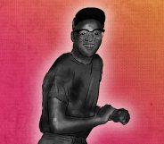 An illustration of Tony Hughes on a pink and orange ombre background