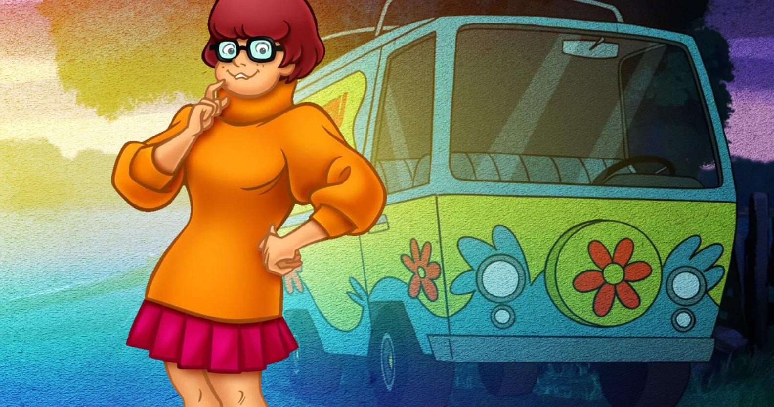 Scooby Doo character Velma stands in front of the Mystery Machine Van. (Warner Bros)