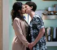 EastEnders' Suki Kaur Panesar (Balvinder Sopal) and Eve Unwin (Heather Pearce) kissing
