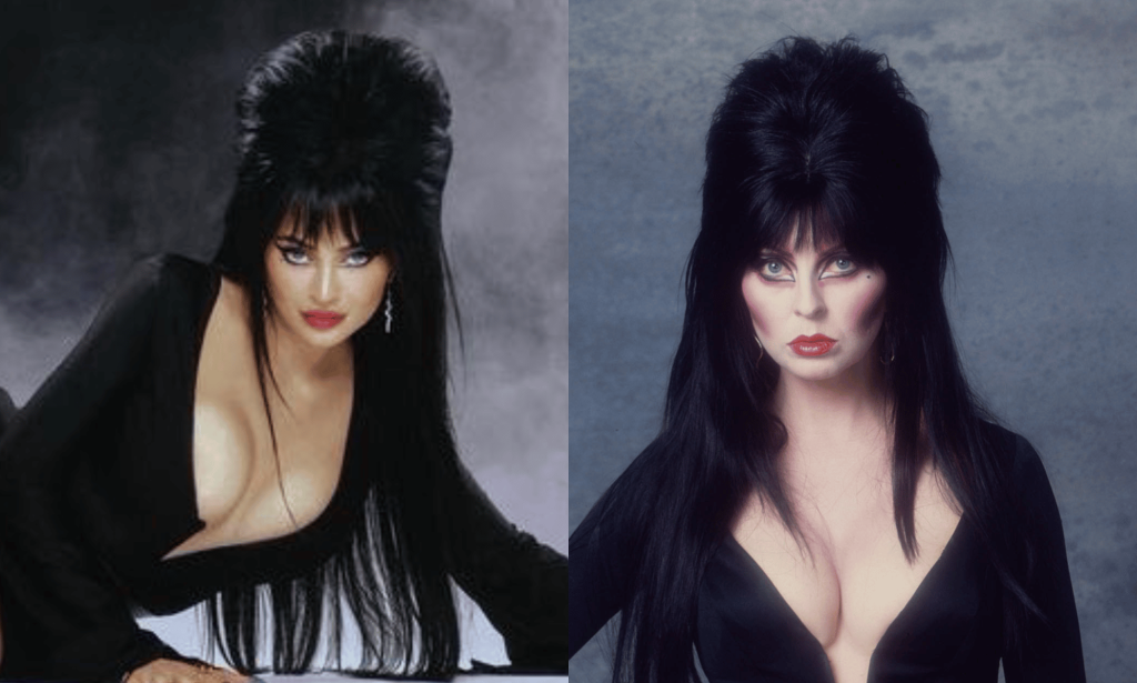 Kylie Jenner and Elvira, both in plunging black dresses