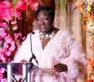 A photo of Phyll Opoku-Gyimah wearing a pink dress as she speaks at the Kaleidoscope Trust Gala dinner