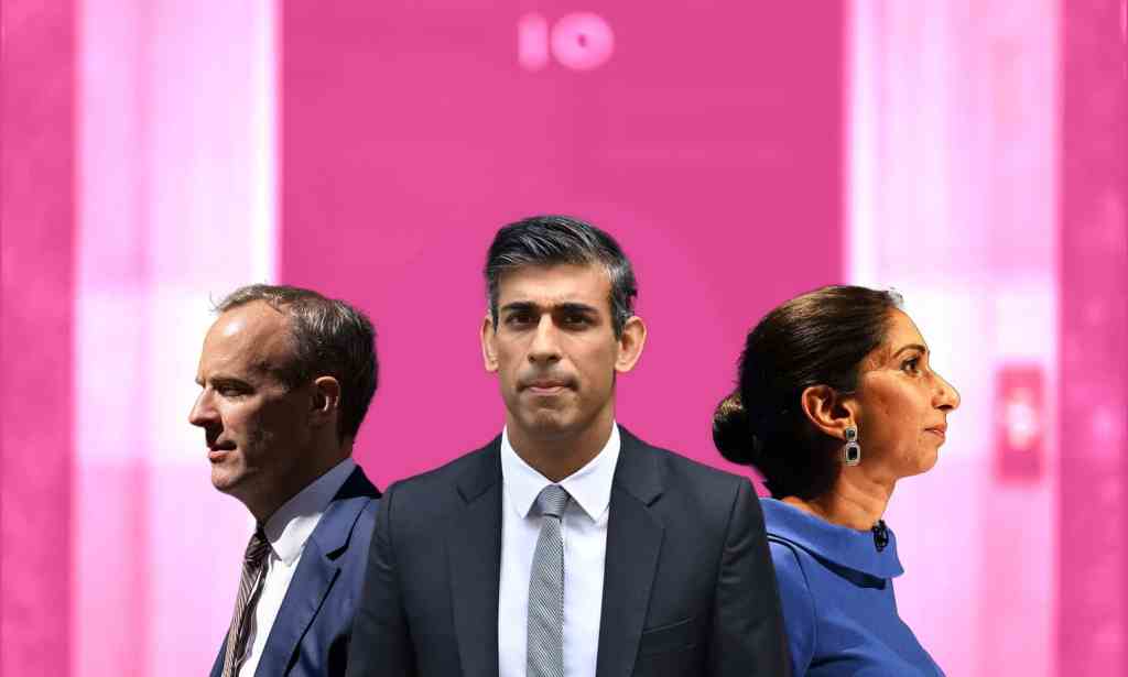 Rishi Sunak pictured against a pink edited background showing 10 Downing Street with Suella Braverman to his right and Dominic Raab to his left.