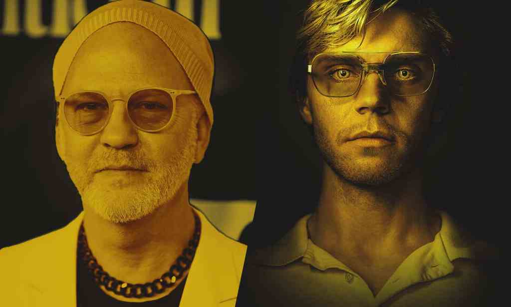 A side-by-side image showing TV creator Ryan Murphy on the left wearing a white hat, sunglasses and a white suit jacket over a black t-shirt. On the right is a promo shot of actor Evan Peters as Jeffrey Dahmer from Netflix series Monster: The Jeffrey Dahmer Story
