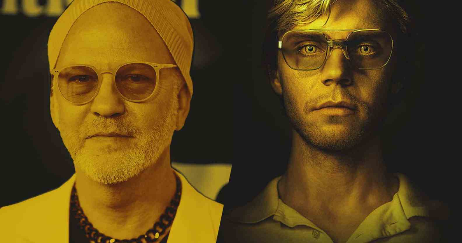 A side-by-side image showing TV creator Ryan Murphy on the left wearing a white hat, sunglasses and a white suit jacket over a black t-shirt. On the right is a promo shot of actor Evan Peters as Jeffrey Dahmer from Netflix series Monster: The Jeffrey Dahmer Story