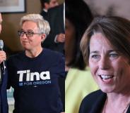 Split-screen photos of governor candidates Tina kopek with Joe Biden, and Maura Healey