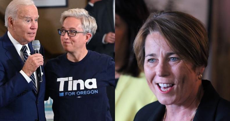 Split-screen photos of governor candidates Tina kopek with Joe Biden, and Maura Healey