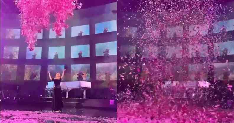 A split-screenshot from Twitter shows singer Adele wearing a black dress disappearing under a cloud of pink confetti.