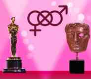 BAFTA and Oscar award on pink background with gender symbols as Emma Corrin calls for gender neutral category.