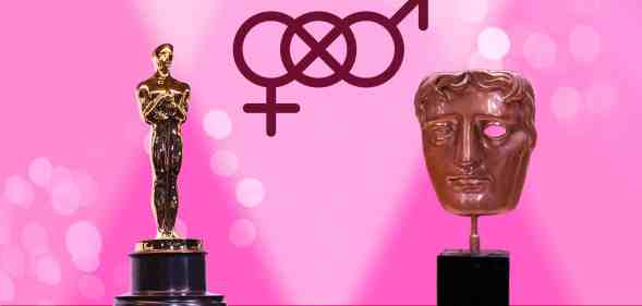 BAFTA and Oscar award on pink background with gender symbols as Emma Corrin calls for gender neutral category.