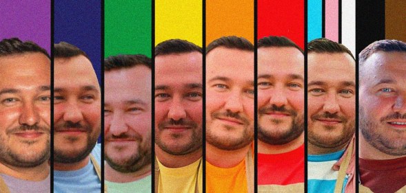 A screenshot of Great British Bake Off contestant Janusz's Twitter post showing him split up into coloured strips that go to make up the Progress Pride flag. (Janusz/Twitter/Channel 4)