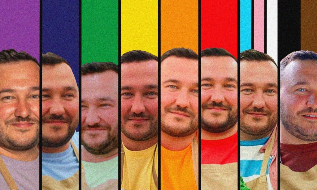A screenshot of Great British Bake Off contestant Janusz's Twitter post showing him split up into coloured strips that go to make up the Progress Pride flag. (Janusz/Twitter/Channel 4)