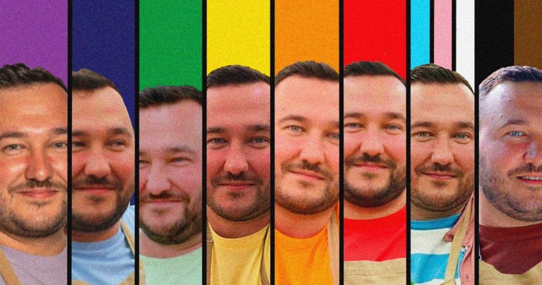 A screenshot of Great British Bake Off contestant Janusz's Twitter post showing him split up into coloured strips that go to make up the Progress Pride flag. (Janusz/Twitter/Channel 4)
